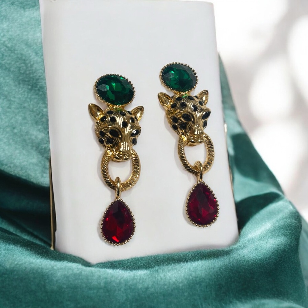 Elegant Gold and Green Panther Earrings
